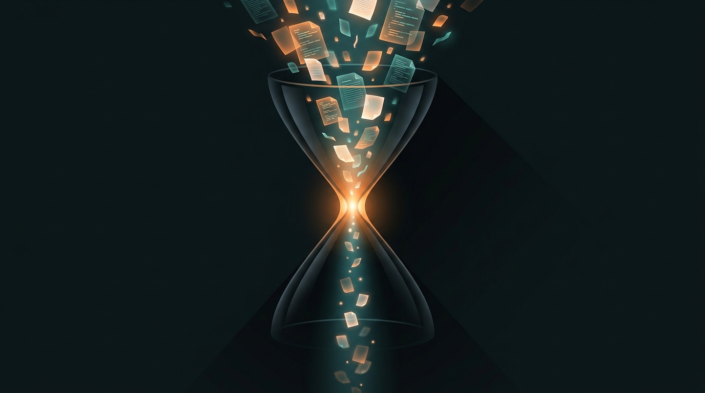 An hourglass with documents flowing into a glowing point of judgement