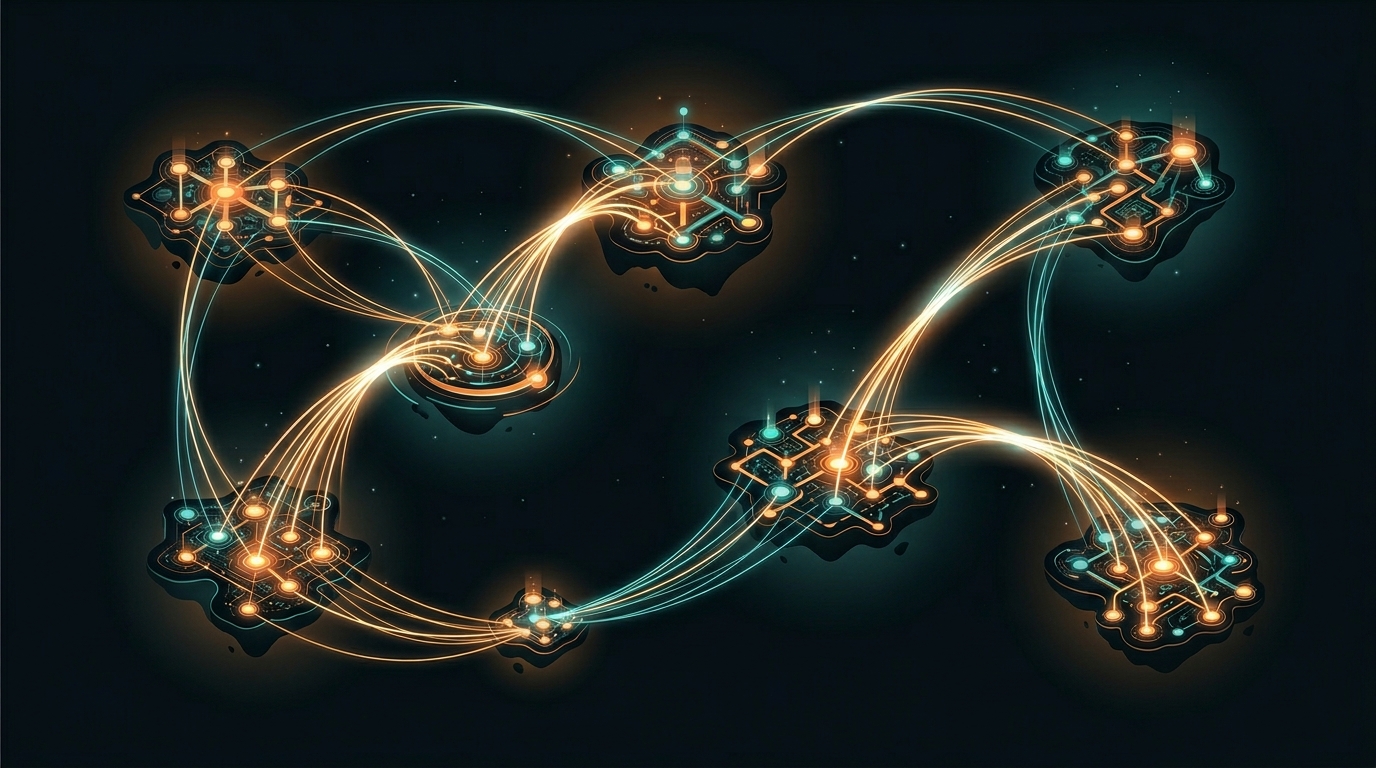 Glowing island-networks joined by luminous bridges