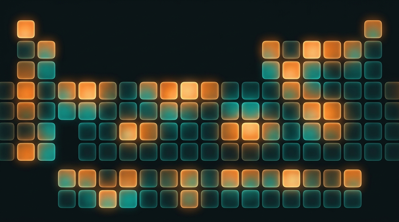 A periodic-table grid of glowing tiles