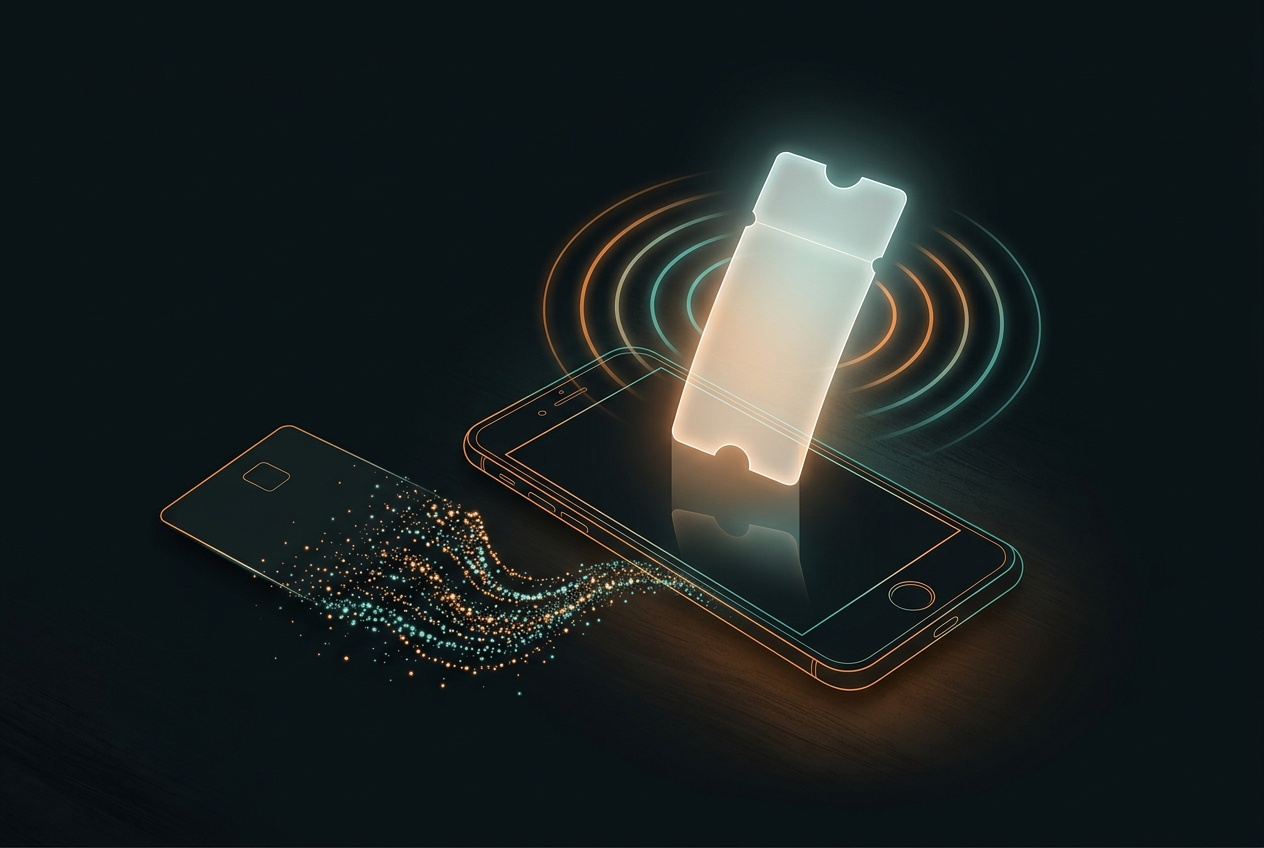 A ticket lifting from a phone with contactless waves and a dissolving smartcard