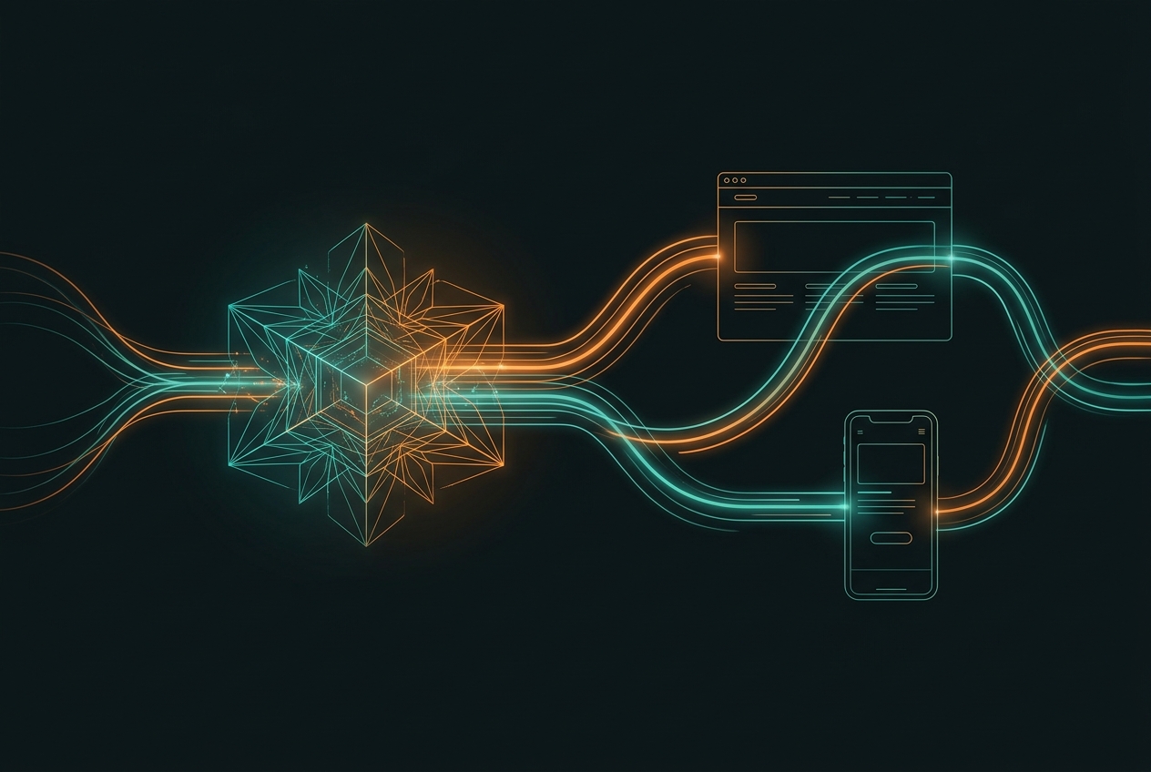 A connected retail flow linking a data core, a website and a mobile app
